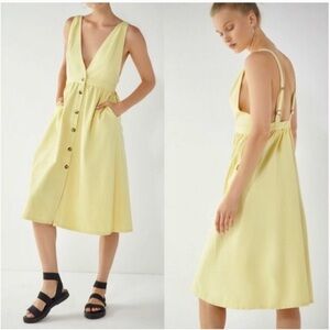 UO Danny Yellow Plunging Button Down Denim Midi Dress Sleeveless Urban Outfitter